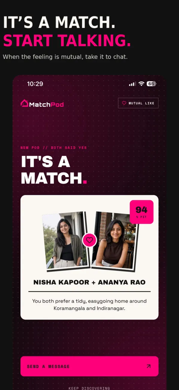 MatchPod App Store preview showing a mutual match ready to start a conversation