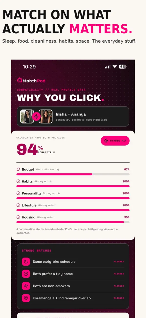 MatchPod App Store preview explaining the compatibility breakdown between two sample profiles